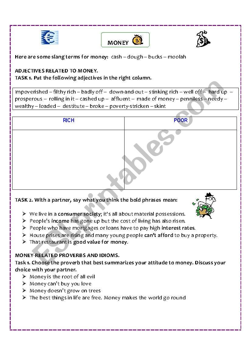 Vocabulary+ idioms+proverbs related to MONEY worksheet (Key included)