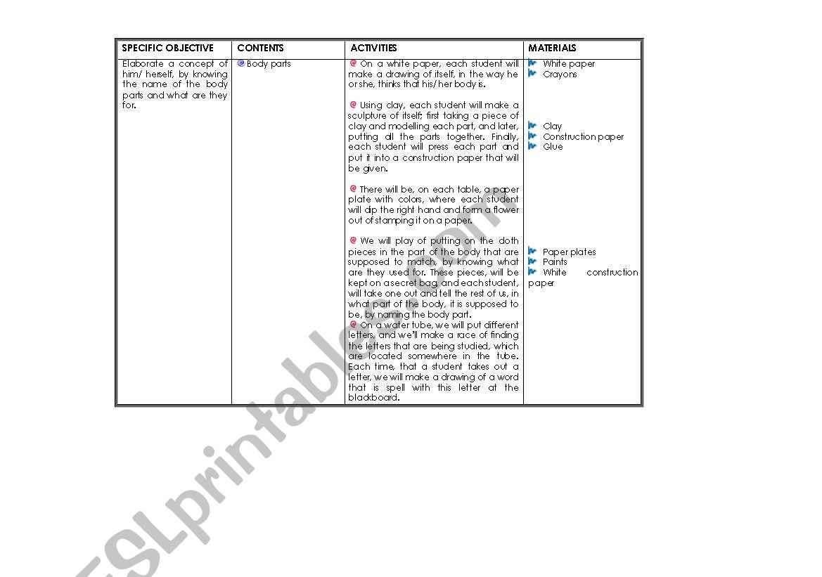 different activities worksheet