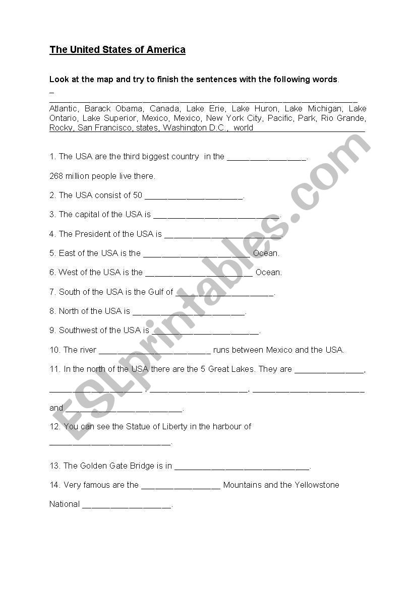 Facts about the USA worksheet