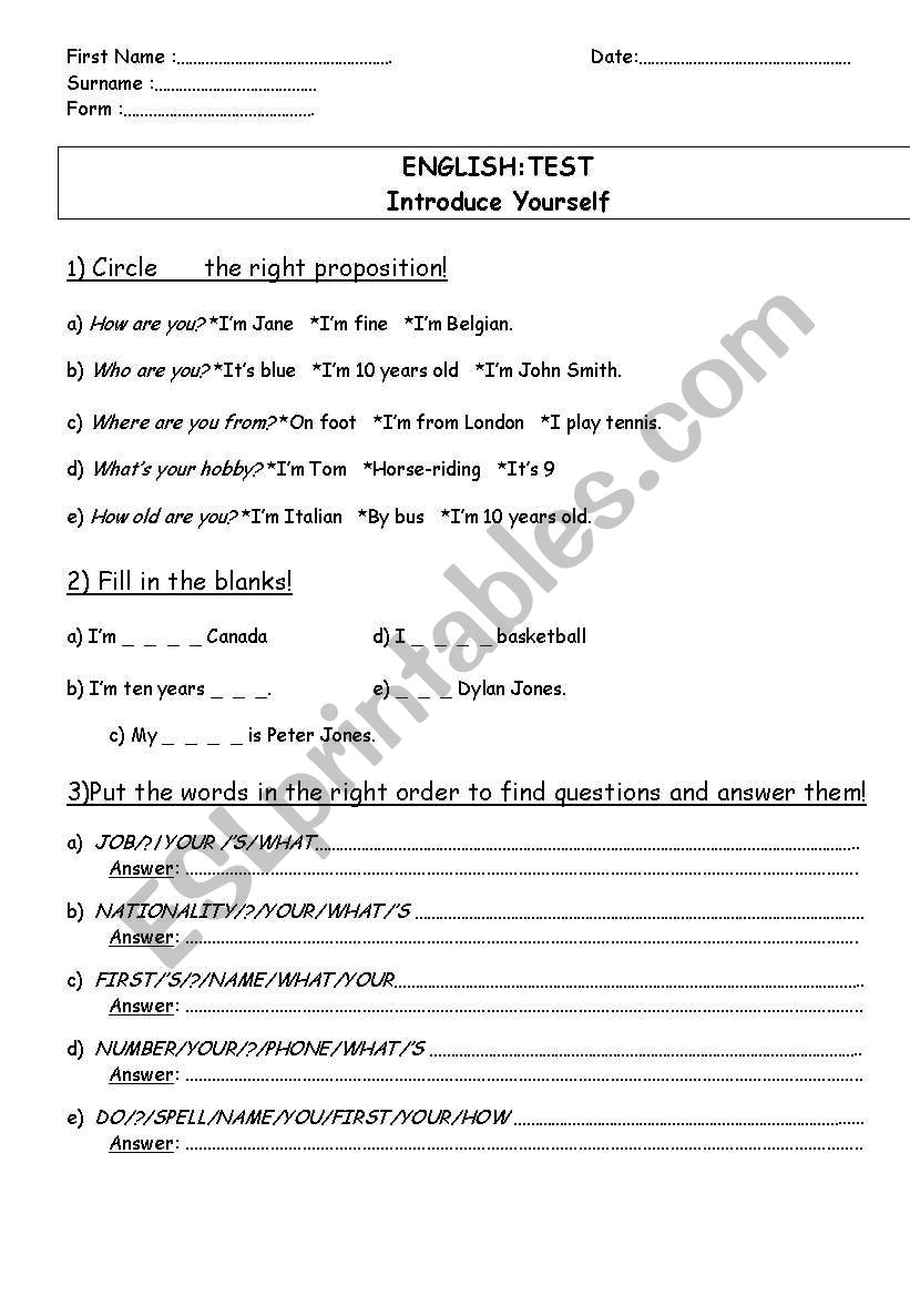 Introduce yourself TEST worksheet