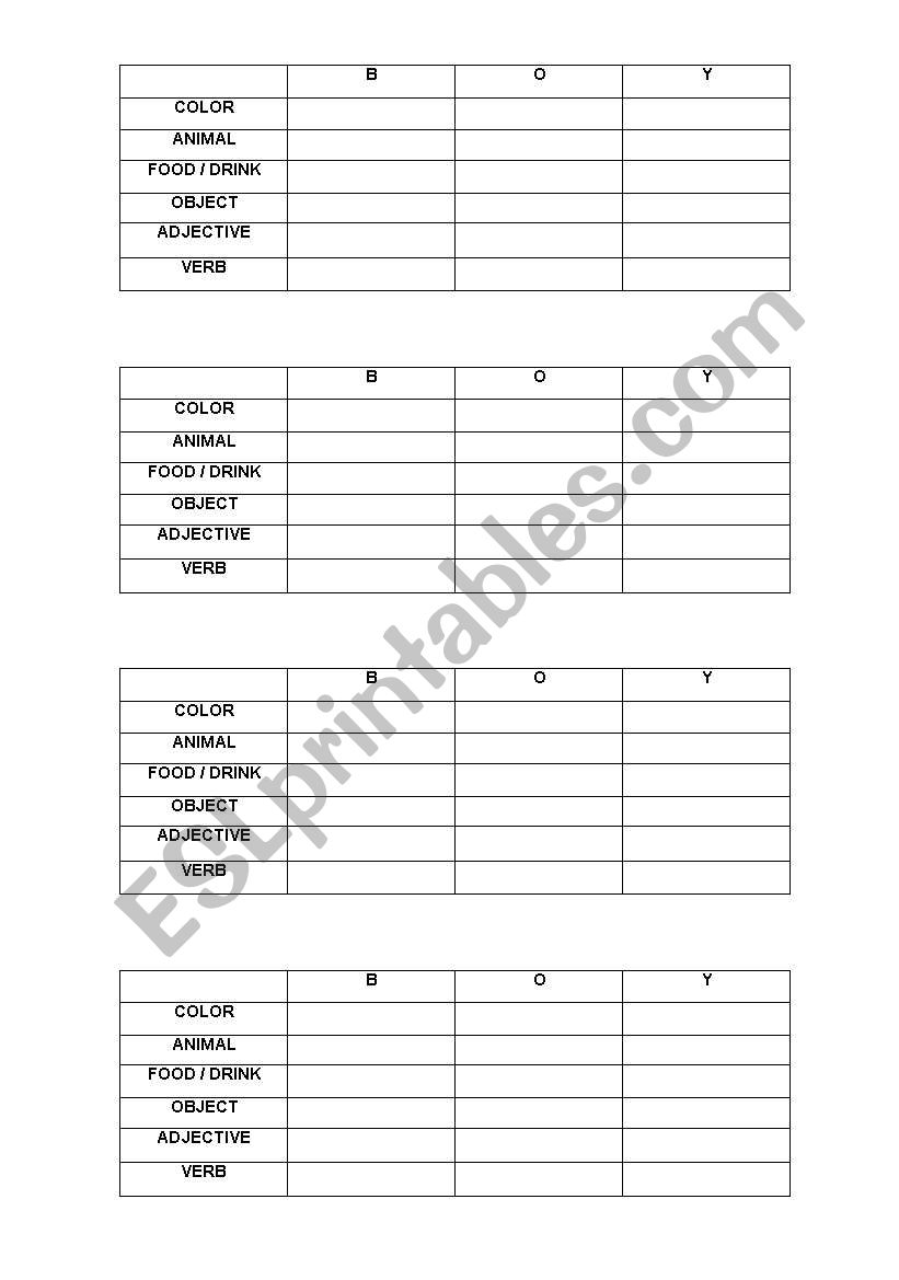 Stop - game worksheet