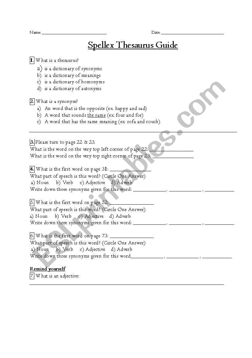 Spellex Theasurus Guide worksheet