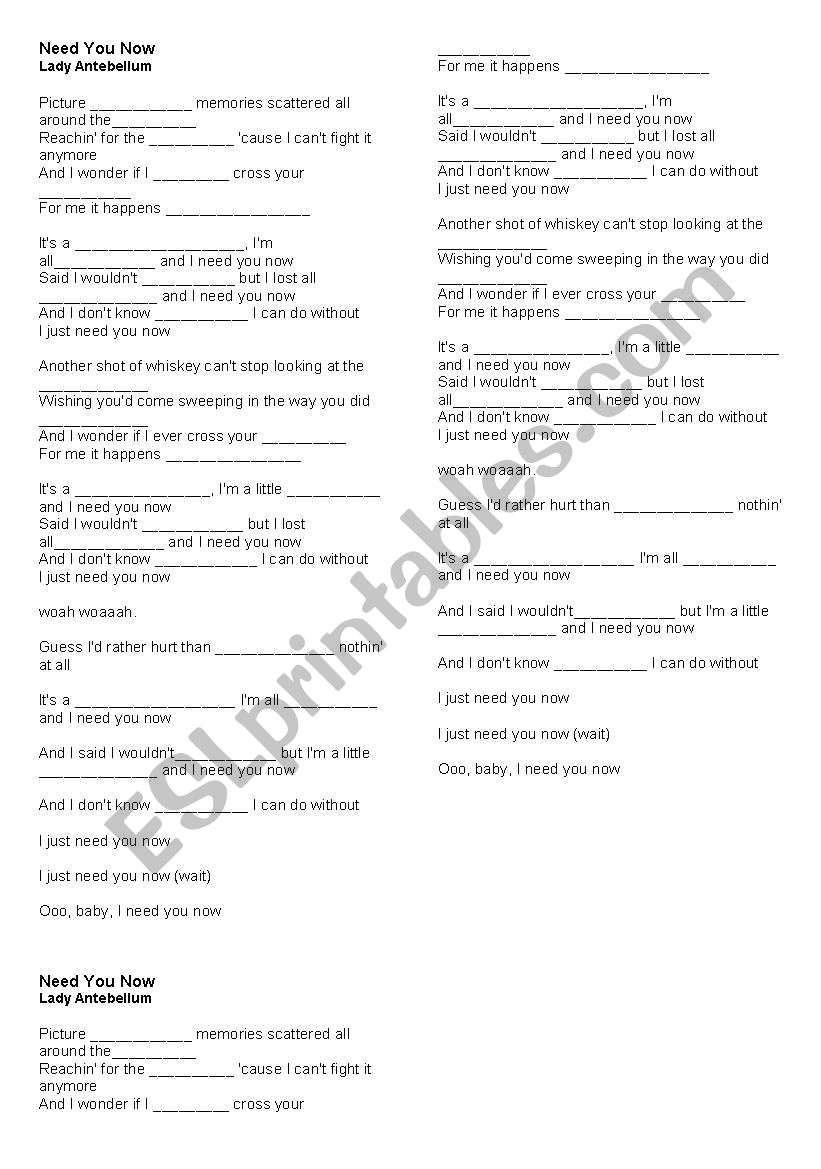 Need you now worksheet