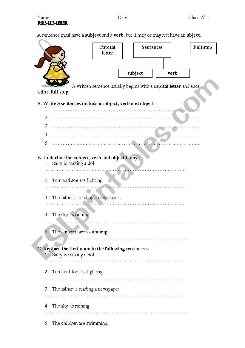 Writing Sentences With Subject verb And Object ESL Worksheet By Girlish