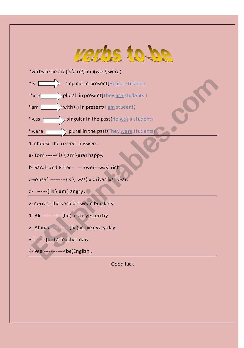 verb to be worksheet