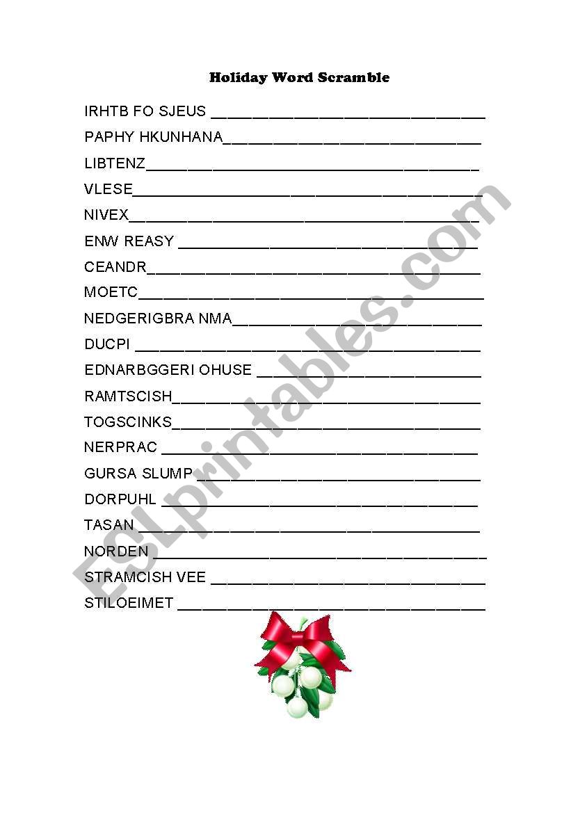 HOLIDAY WORD SCRAMBLE worksheet