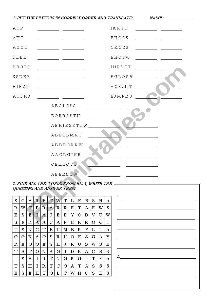 Clothes vocabulary worksheet