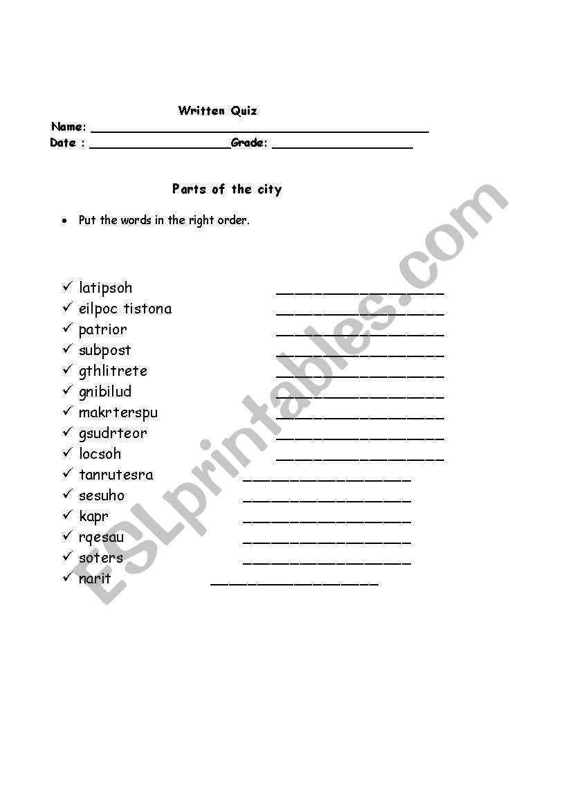 parts of the city worksheet