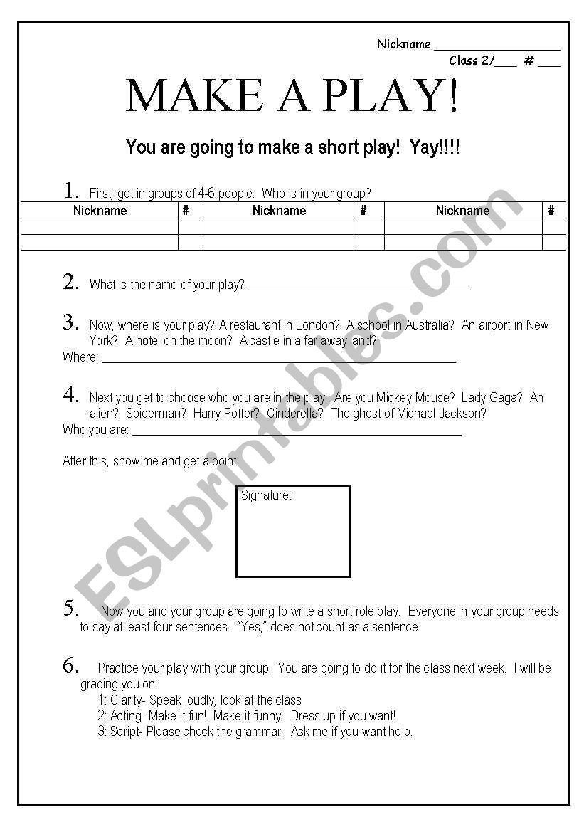 Make A Short Play ESL Worksheet By Jessafish