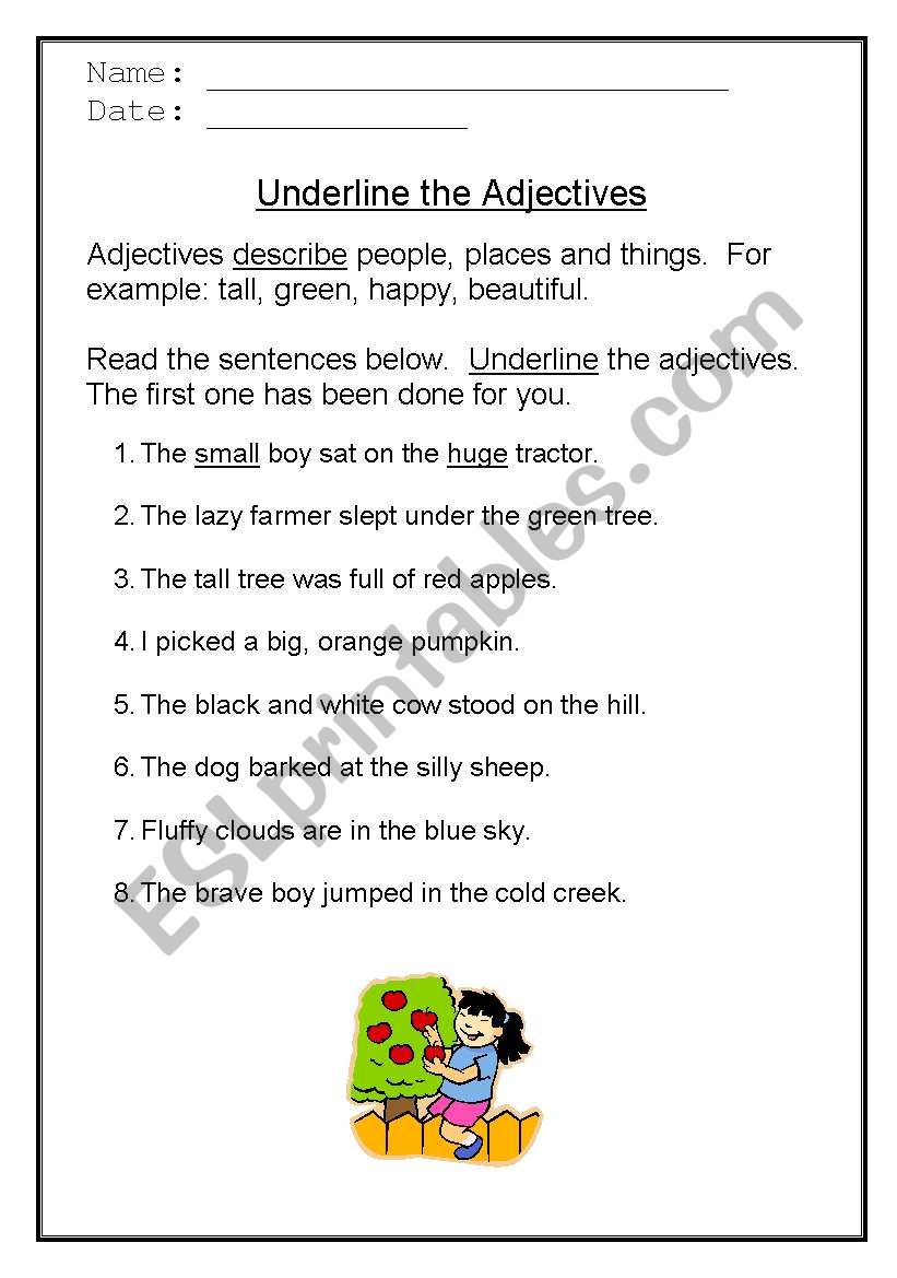 Underline the Adjectives worksheet