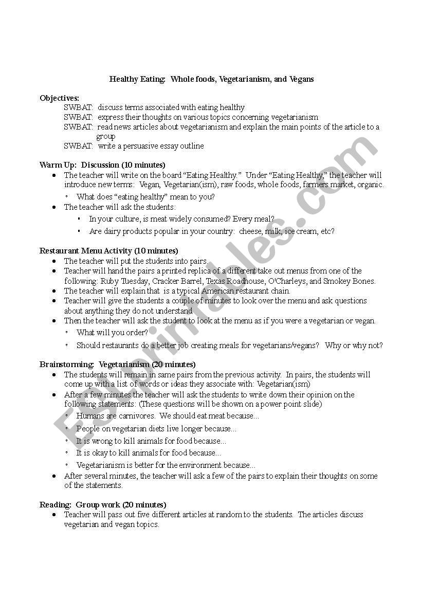 Healthy Eating worksheet