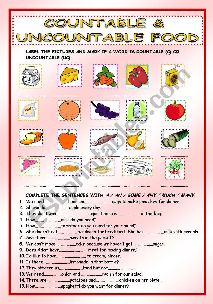 A An Some Any Food Exercises Exercise Poster