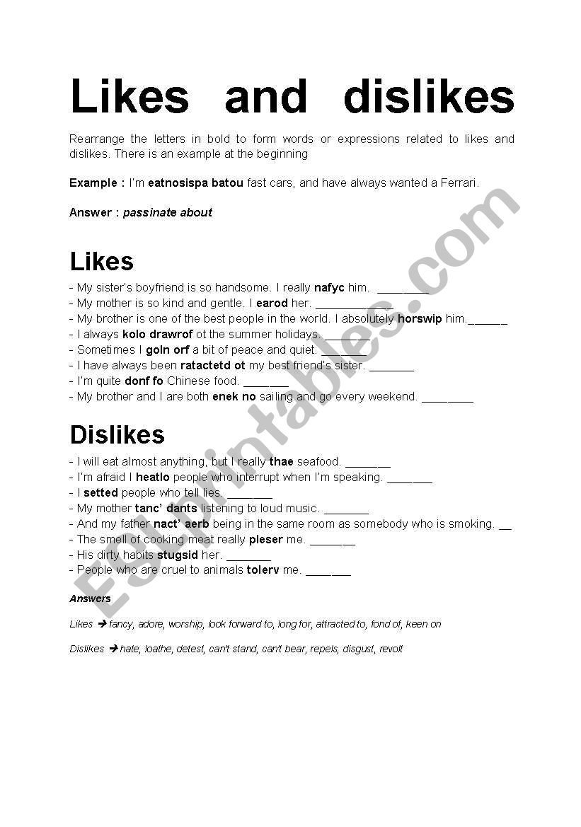 Likes and Dislikes worksheet