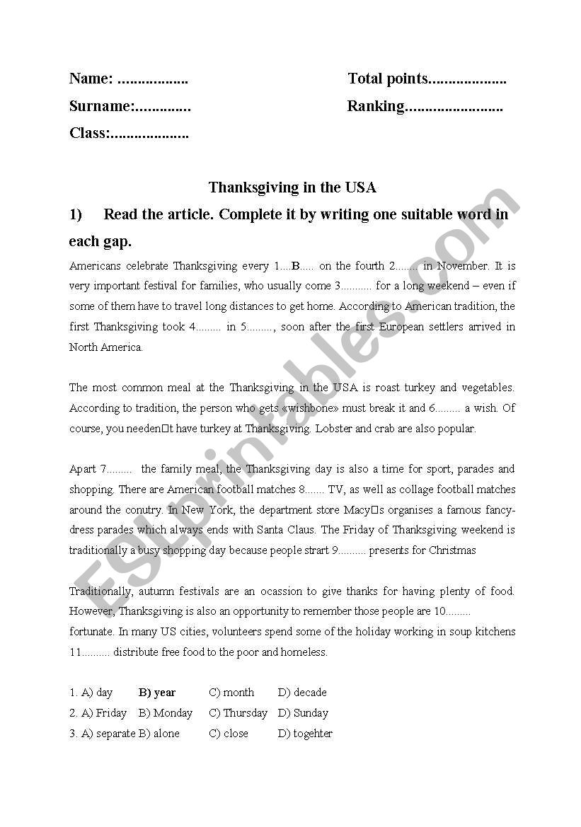 Thanksgiving worksheet