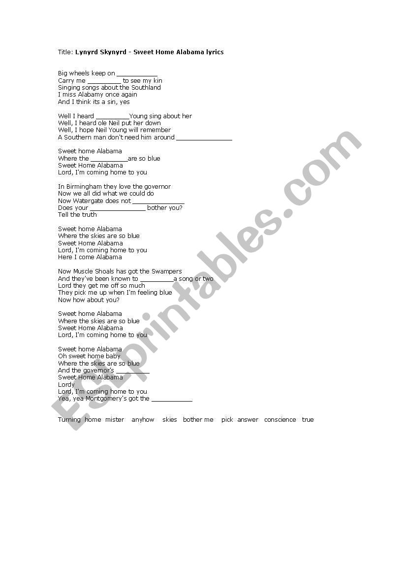 English Worksheets Sweet Home Alabama