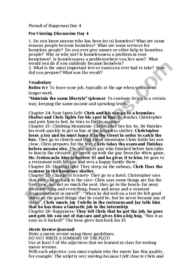 Pursuit of Happyness Day 4 worksheet