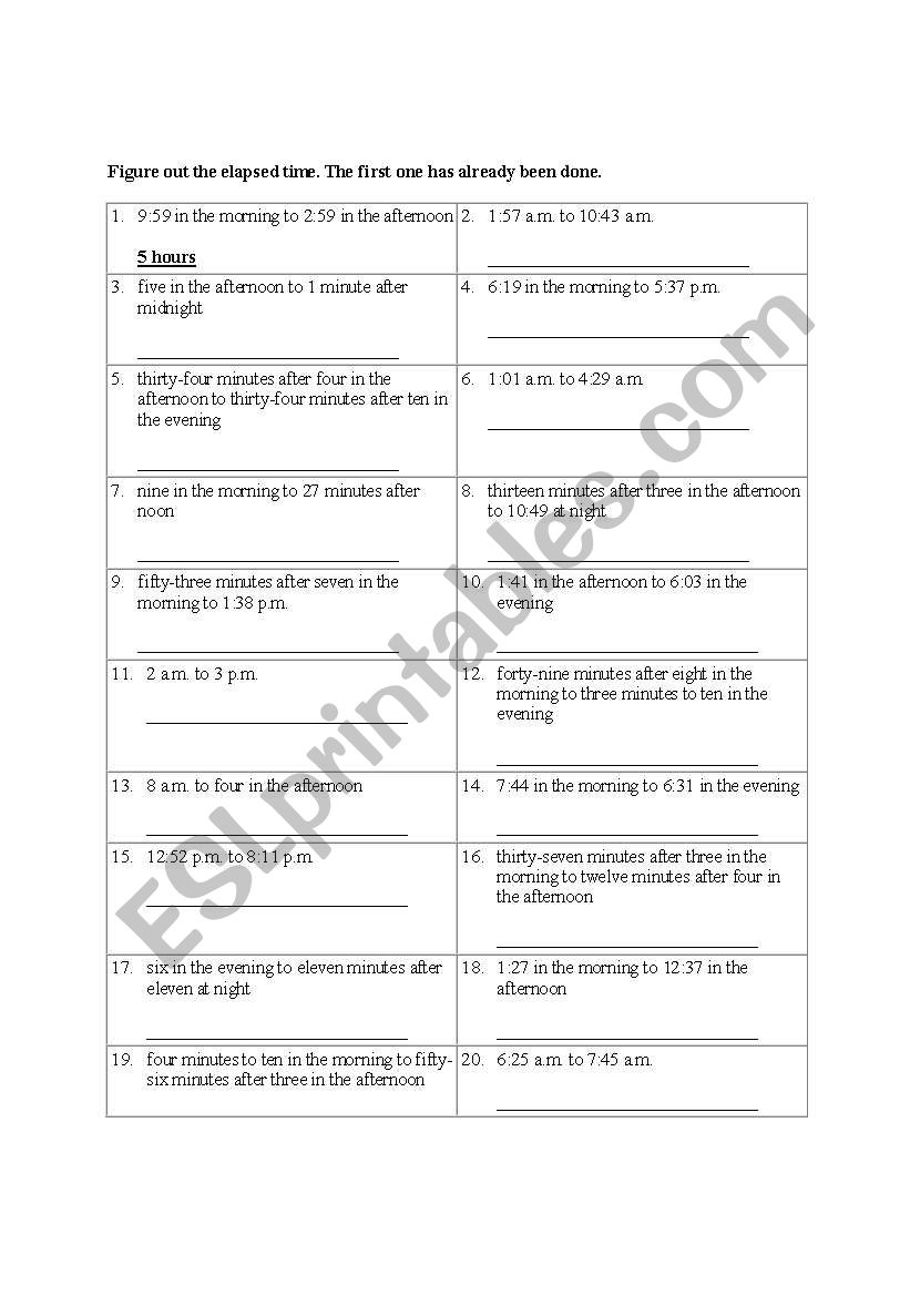 Elapsed Time worksheet