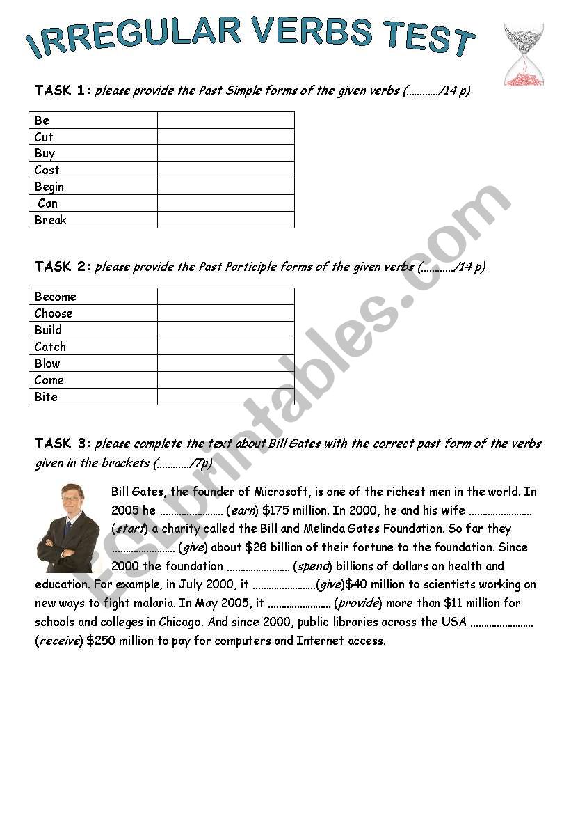 irregular verbs test 1 worksheet