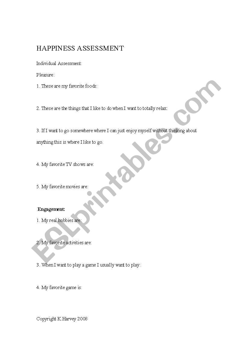 Happiness Assessment worksheet