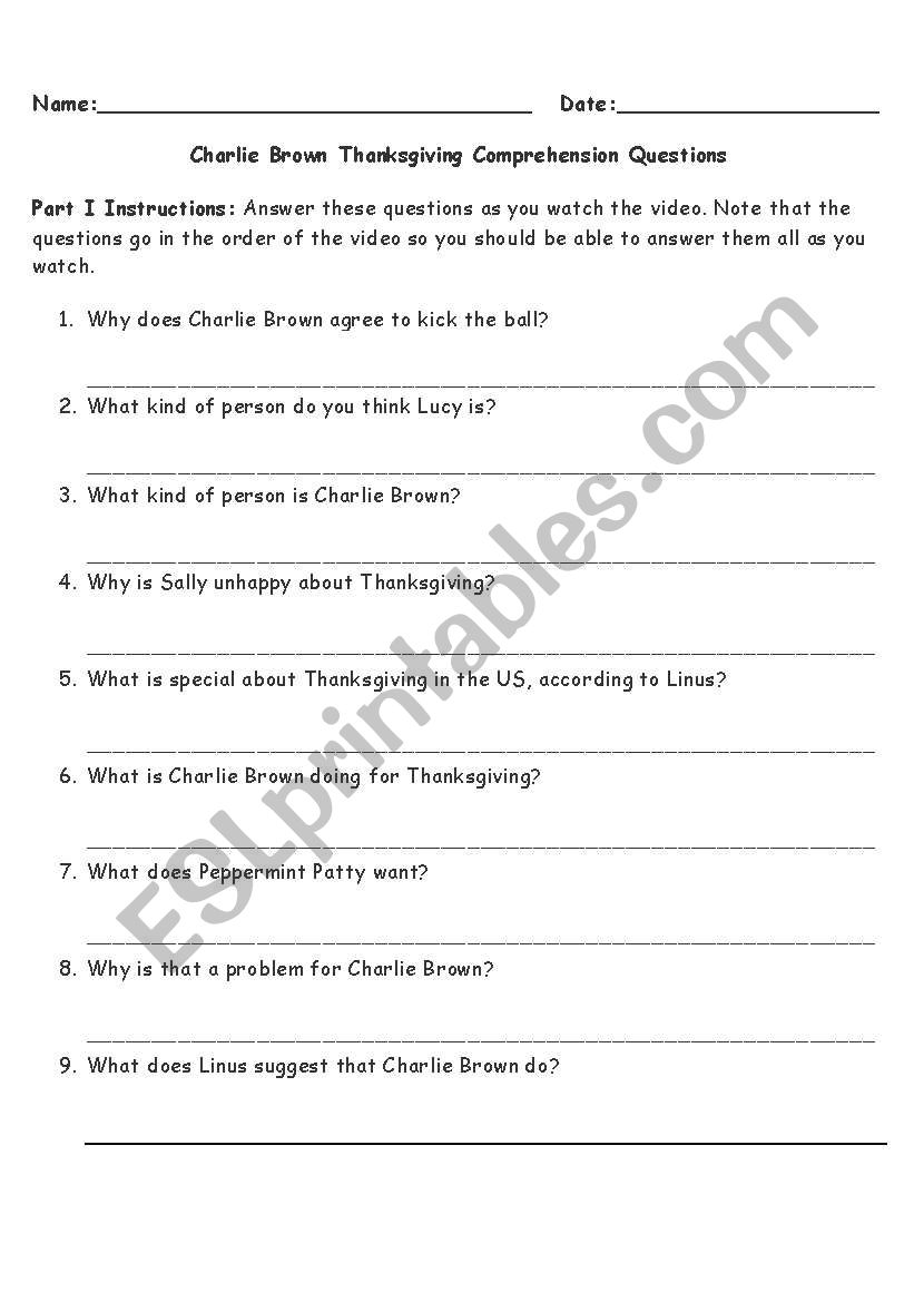 English Worksheets Charlie Brown Thanksgiving