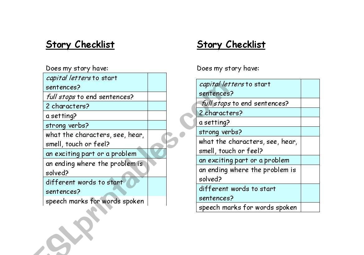 Story Checklist worksheet