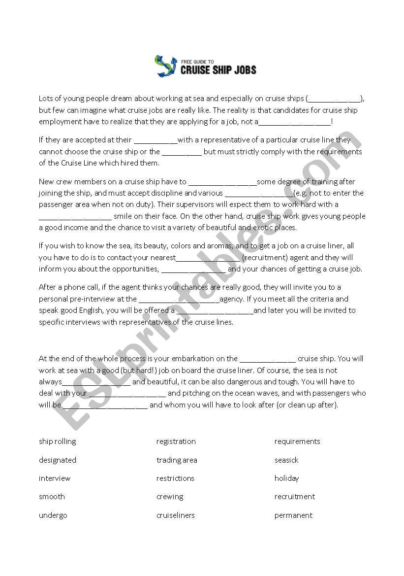 Looking for a job in tourism worksheet