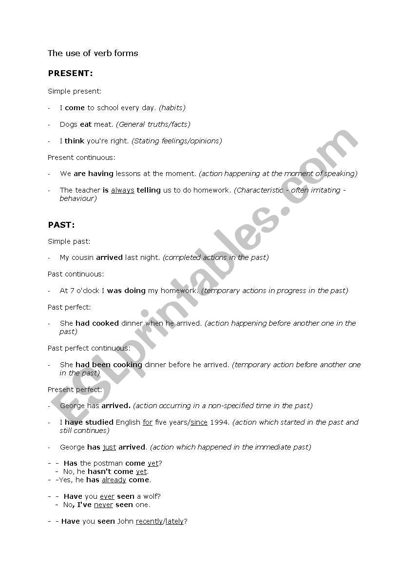 The use of verb forms worksheet