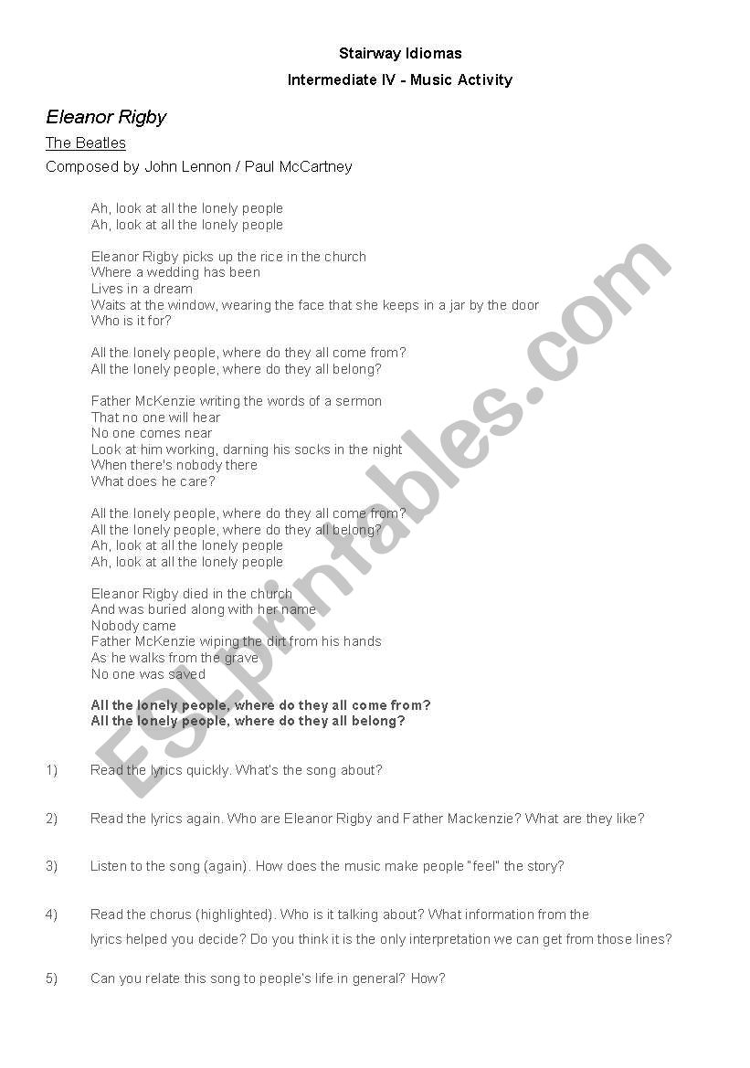 The Beatles - Eleanor Rigby worksheet