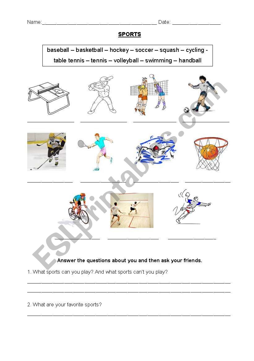 Sports worksheet