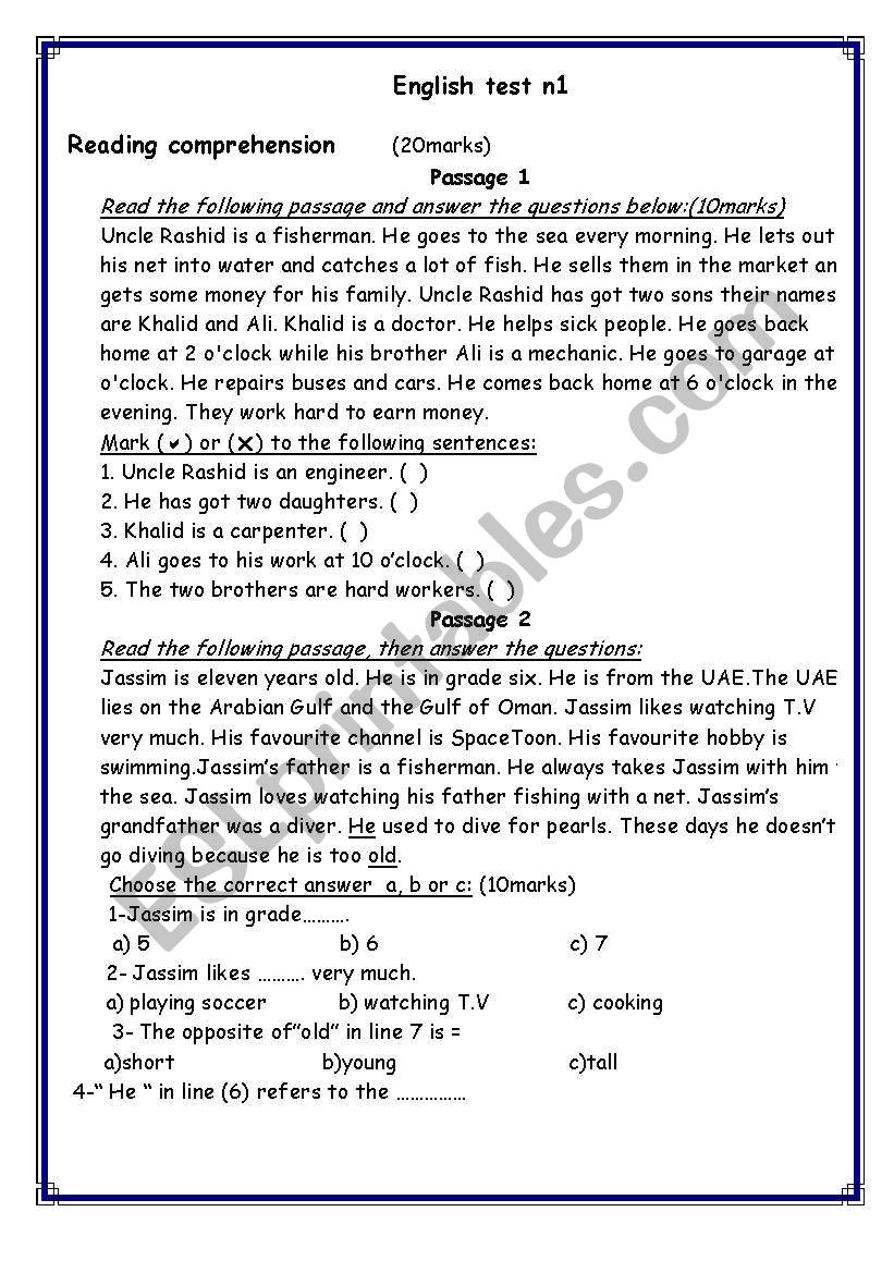 exam worksheet