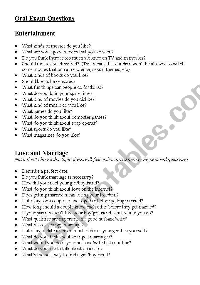 Oral Exam Questions ESL Worksheet By Maygonpaul