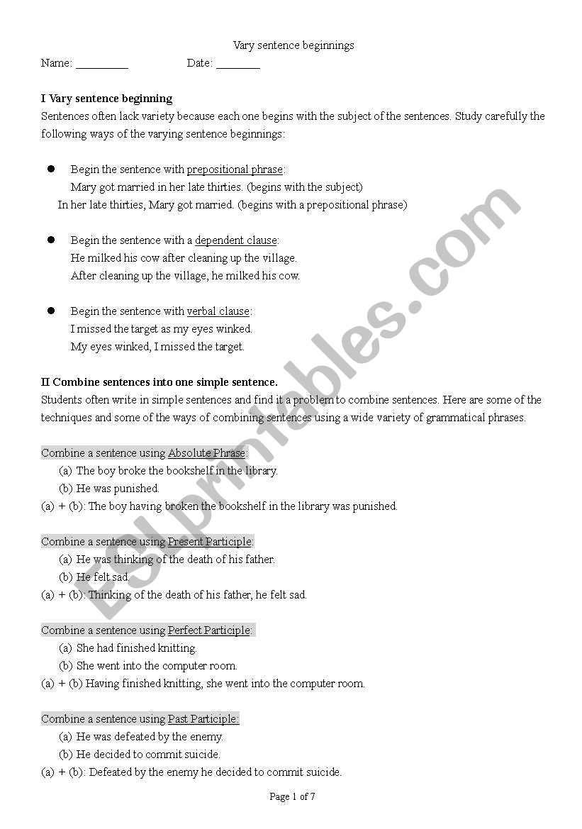 English Worksheets Varying Sentence Pattern