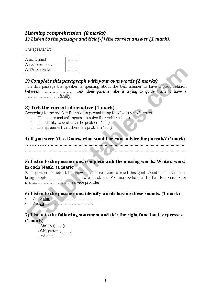 mid term test  worksheet