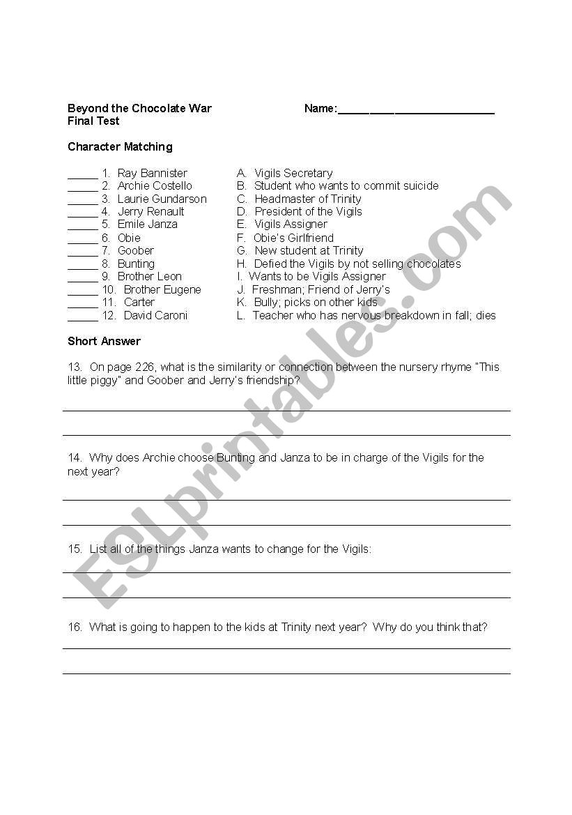 Chocolate War Test worksheet