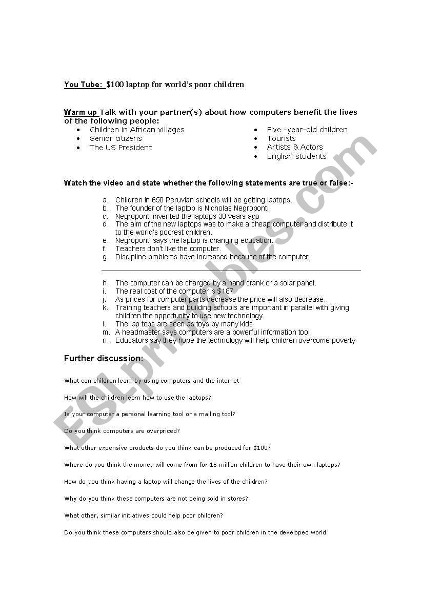 Laptops to poor students worksheet