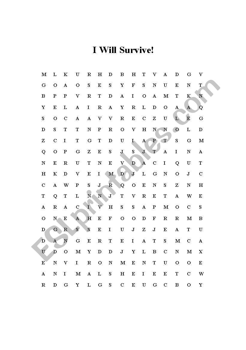 Survival Word Find worksheet