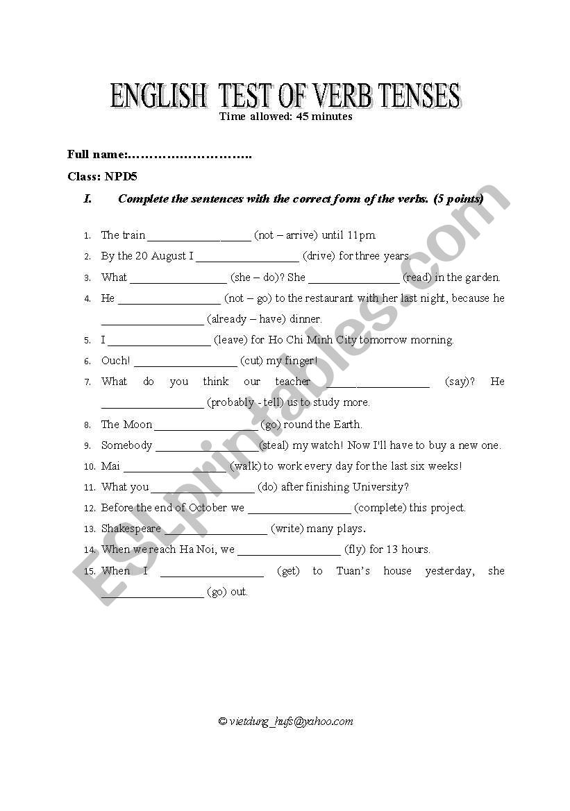 English test 45 minutes worksheet