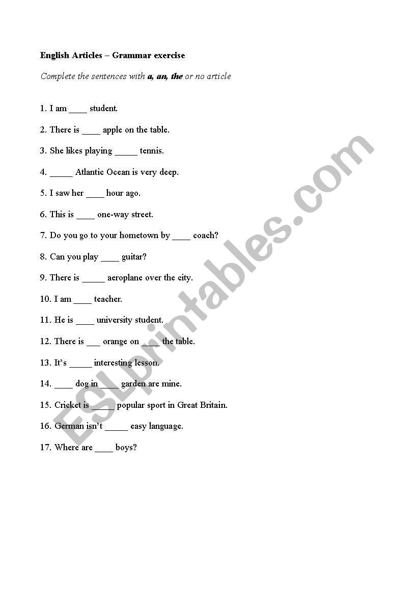 Articles worksheet