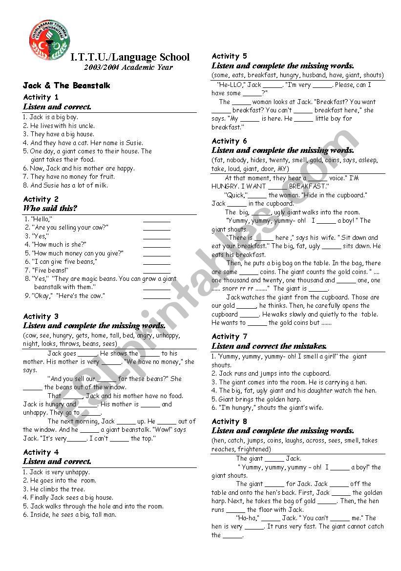 Listening comprehension worksheet