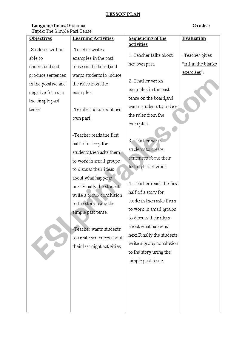 English Worksheets Lesson Plan The Simple Past Tense 