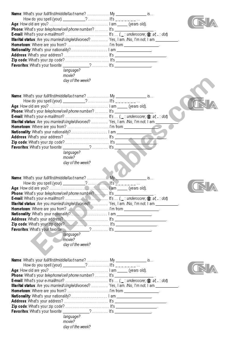 personal info check out worksheet