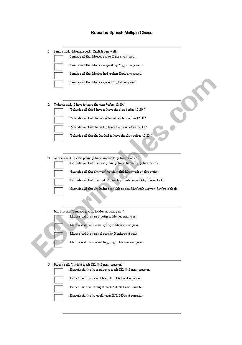 reported speech exercises multiple choice