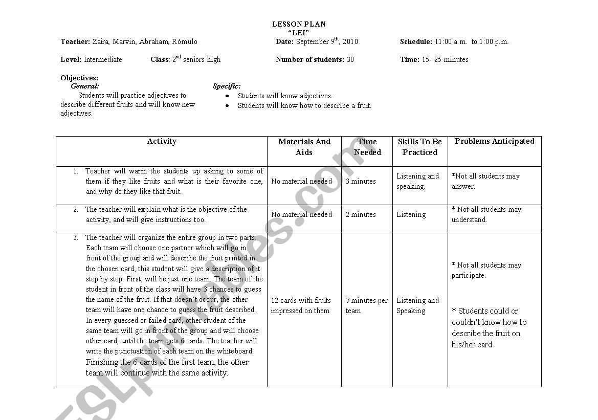 Fruits description worksheet