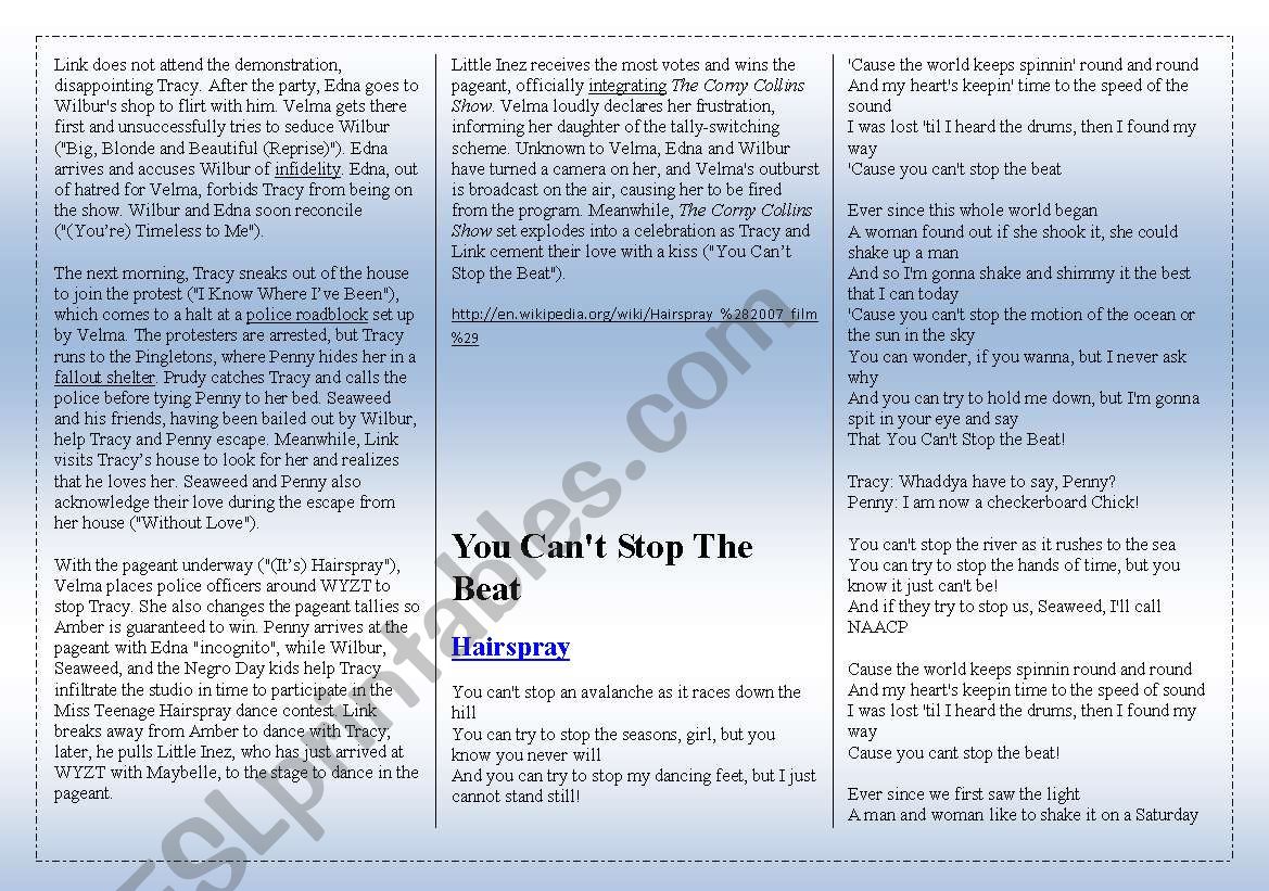 English Worksheets Song Hairspray You Can T Stop The Beat