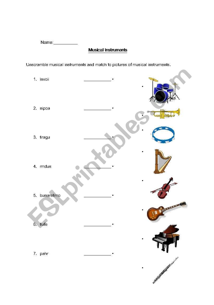 Musical Instruments and Time Word Scramble and Matching Worksheet