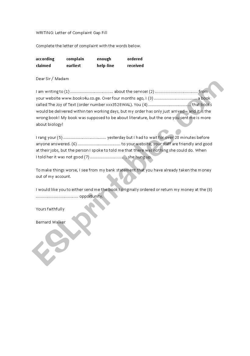 Letter of Complaint Gap Fill worksheet