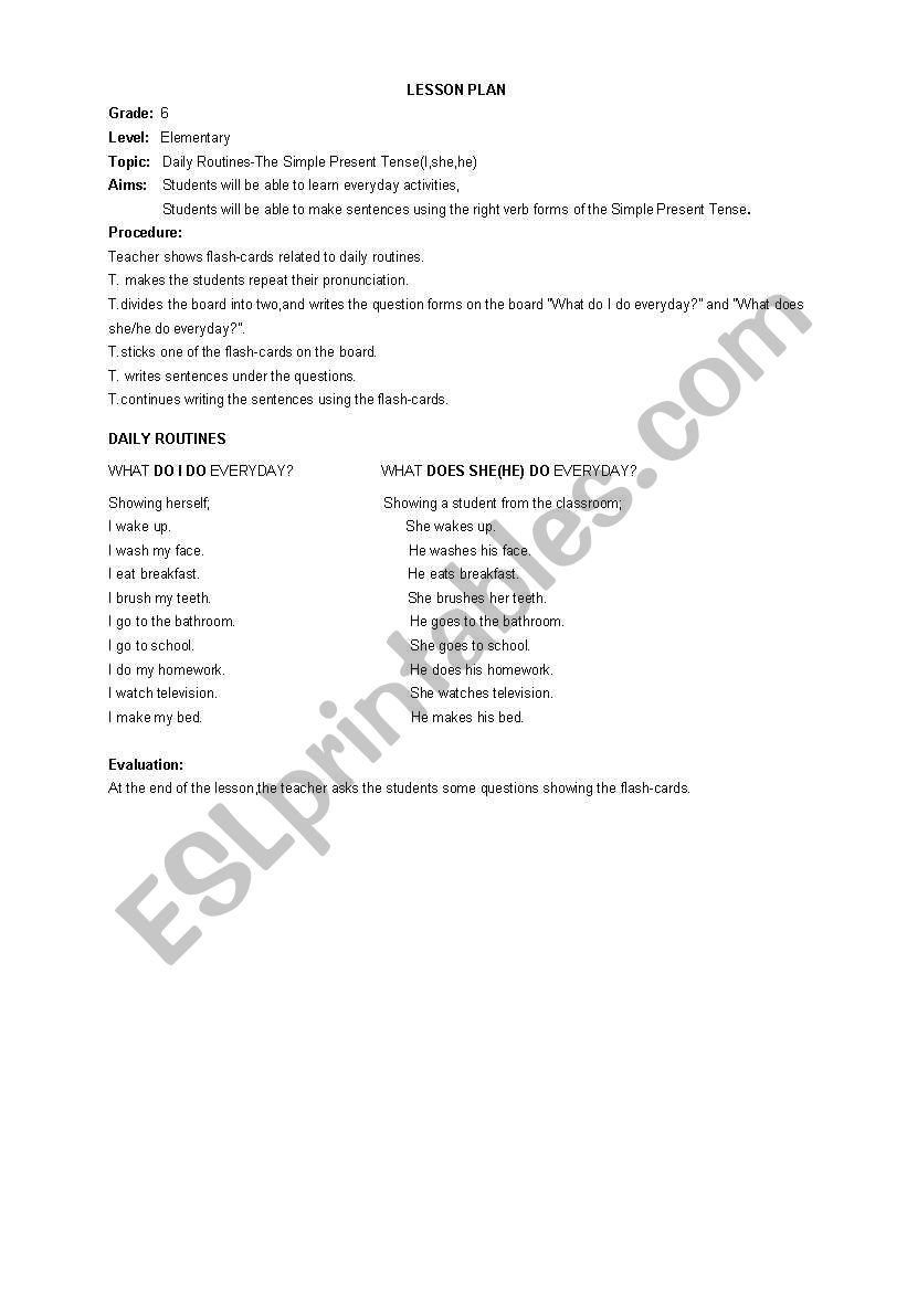 Lesson Plan(Daily Routines) worksheet