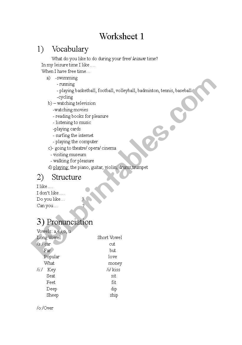 Worksheet vocabulary, structure and pronunciation