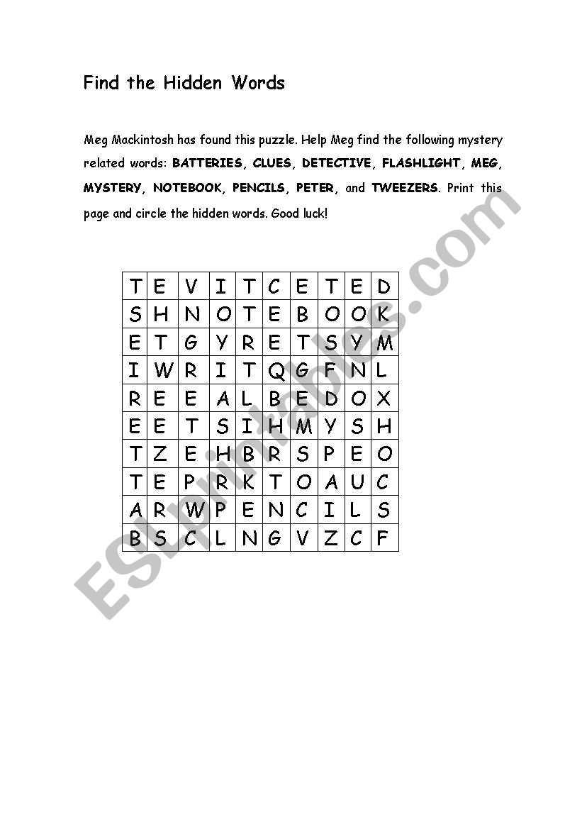 Find the hidden words  worksheet