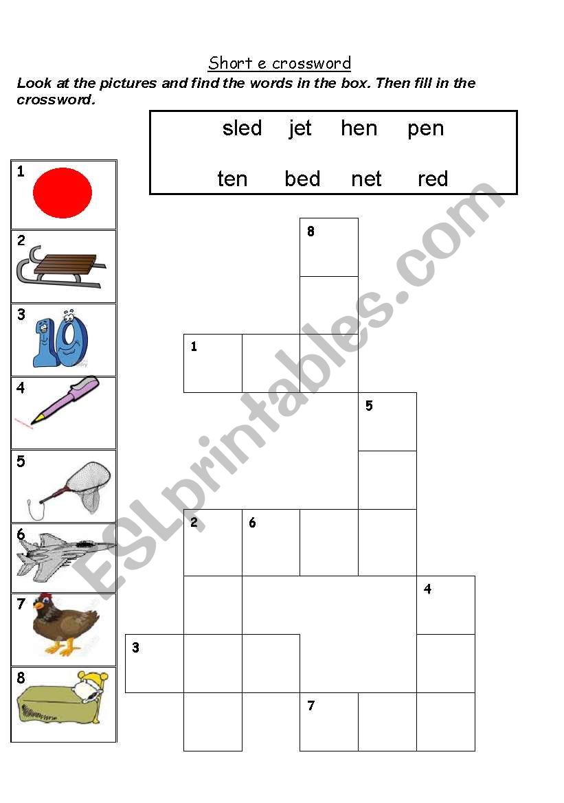 English worksheets: Short e crossword